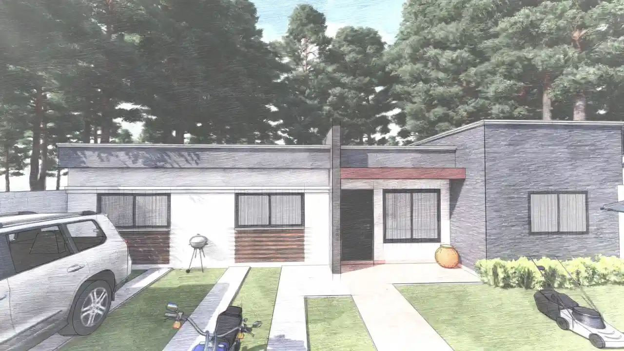 Plano de casa de un piso de 102 m2 de construcción